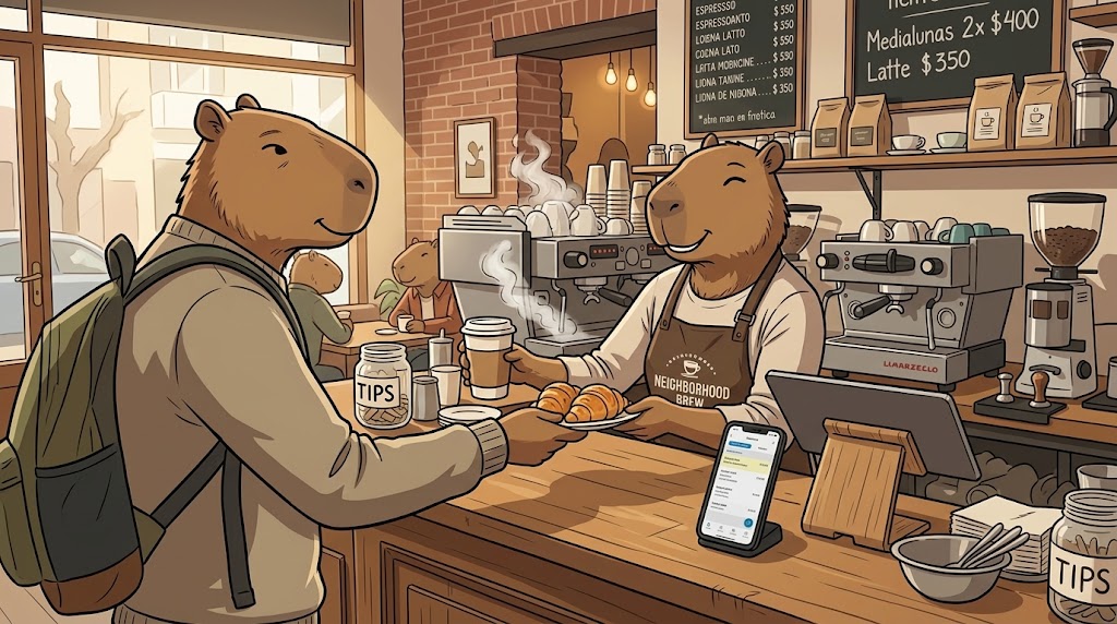 Café de barrio atendiendo
